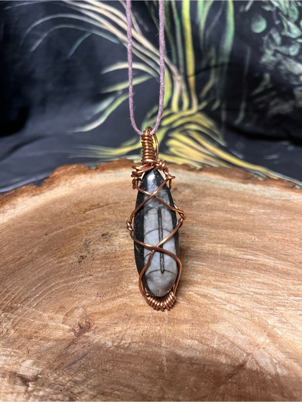 Handcrafted Black and White Orthoceras Fossil Pendant Necklace with Copper Wire